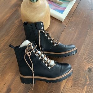 American Eagle Black Shearling Lace Up Motto boots